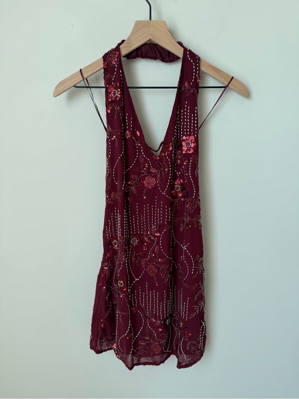 Beaded burgundy halter Mini Dress